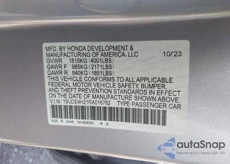 2024 Acura Integra z USA, uszkodzony, nr VIN 19UDE4H21RA016782